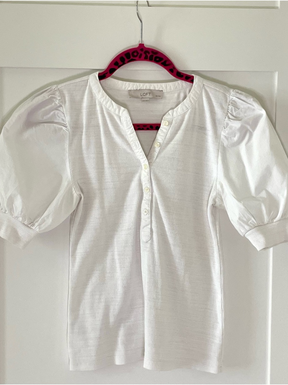 LOFT White Puff-Sleeve Henley Top